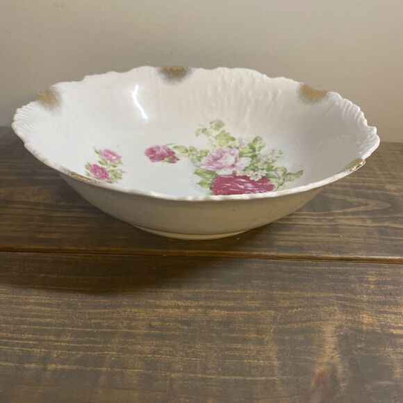 VTG Porcelain bowl red/pink roses 9” Shabby Chic Rare Gold Gilding - Picture 3 of 13